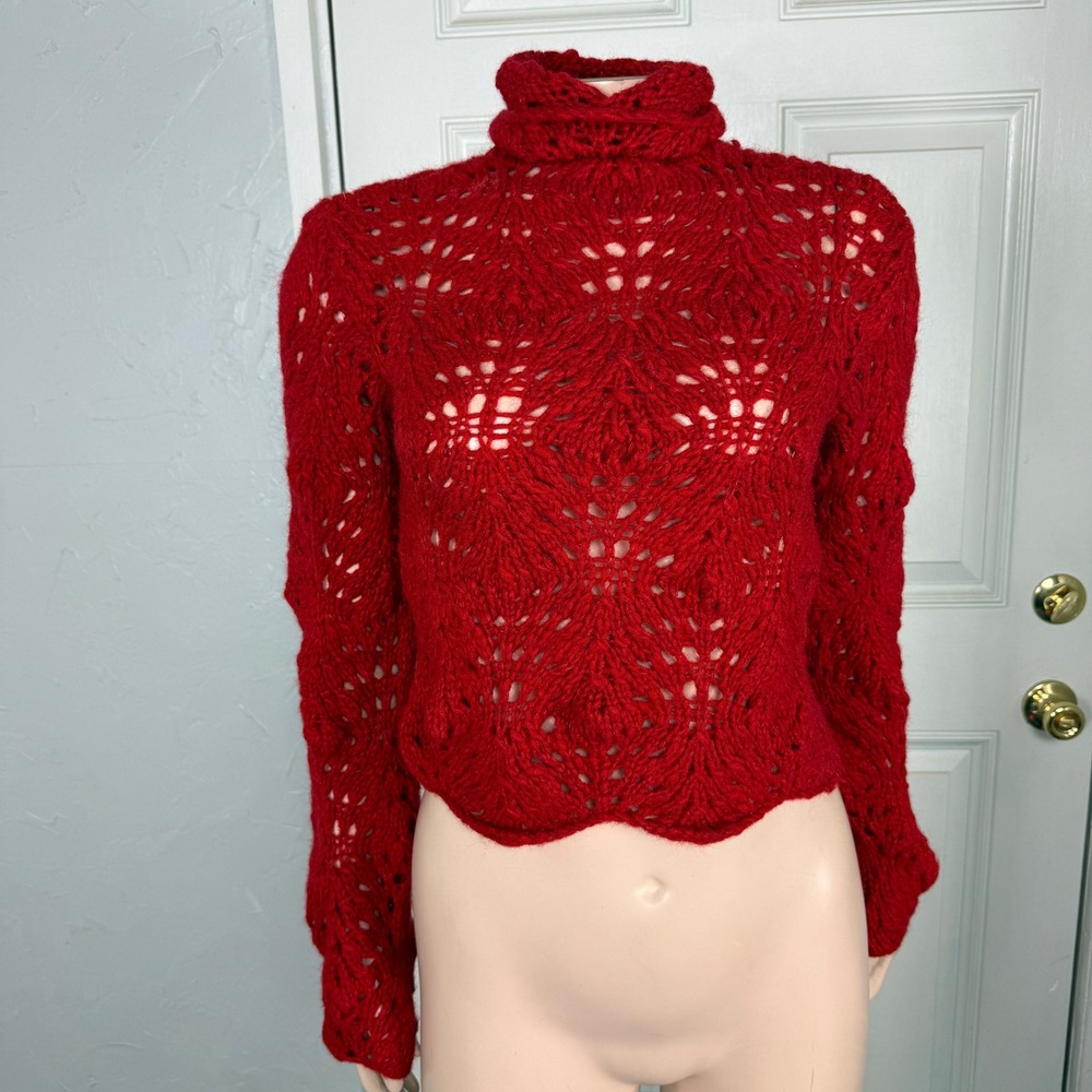 Vintage 90s Y2K DKNY Pure Women Sweater Small Crop Open Knit Wool Turtleneck H4